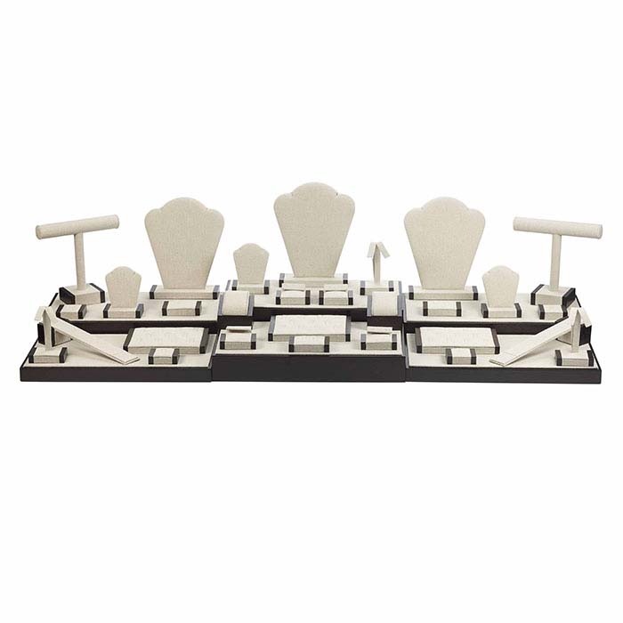 Natural Linen Travel Display Collection with Walnut Trim, 35-Piece