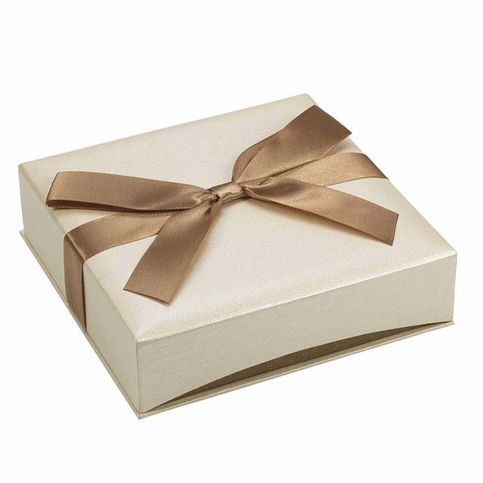 Ribbon-Wrapped Cream and Gold Linen Paper Ring Gift Box