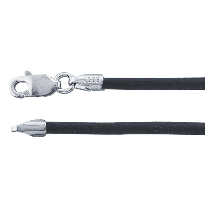 Black Leather 2mm Cord Necklace with Rhodium-Plated Sterling Silver Clasp