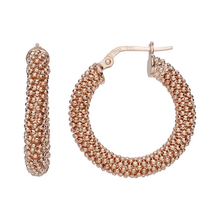 Sterling Silver Rose Gold Plated Beaded Hoop Earrings