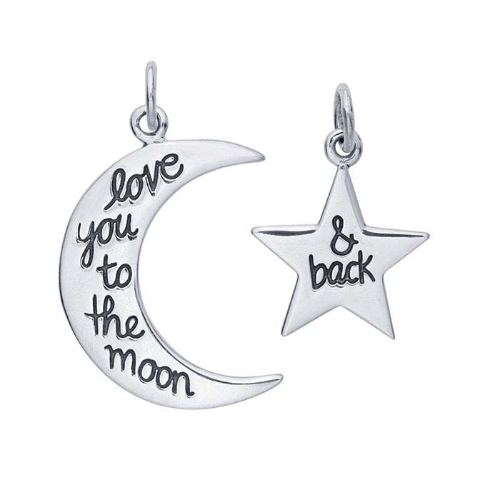 Sterling Silver "Love You to the Moon and Back" Moon and Star Pendant Set