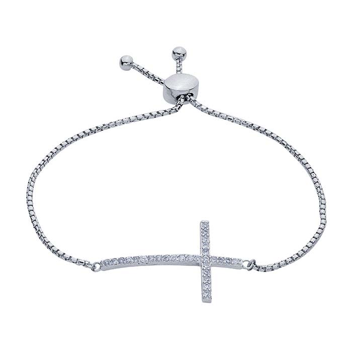 Sterling Silver Rhodium-Plated CZ-Set Cross Link Bracelet, Adjustable