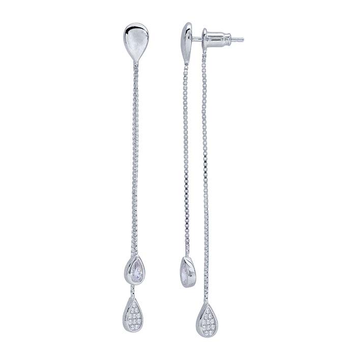 Sterling Silver Rhodium-Plated Front-Back Pear CZ-Set Post Earrings