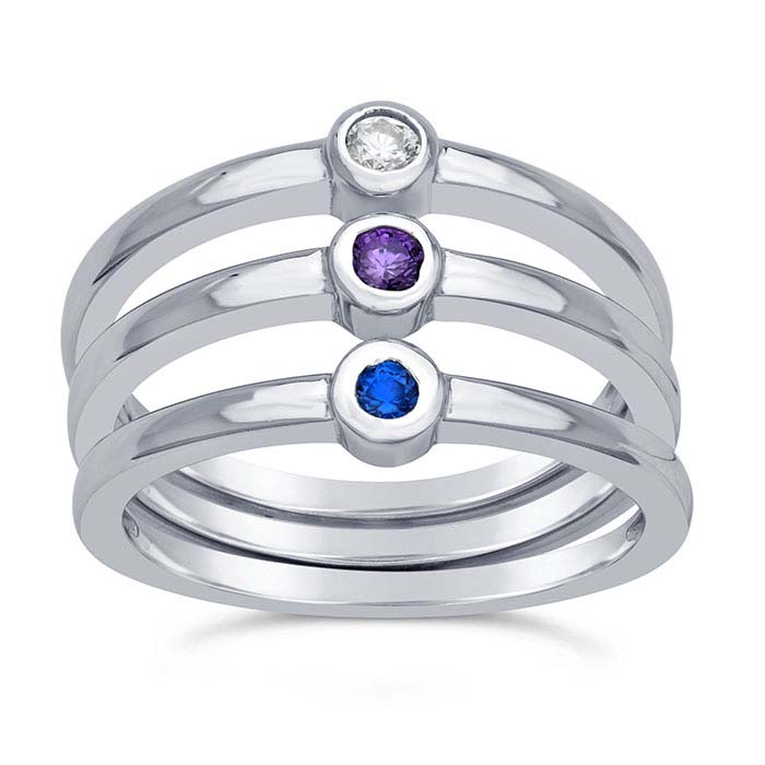 Sterling Silver Rhodium-Plated White, Blue & Purple CZ-Set 3-Ring Sets