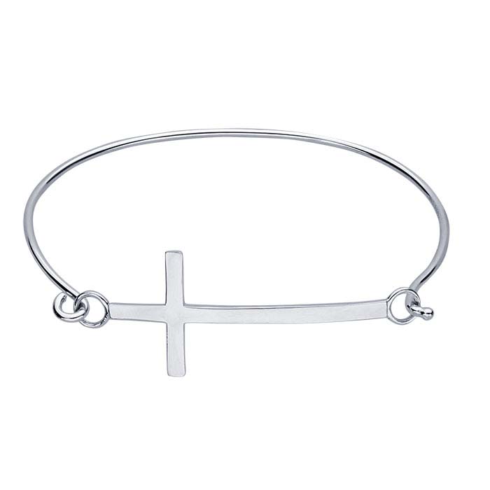 Sterling Silver Rhodium-Plated Horizontal Cross Hook & Eye Bangle Bracelet