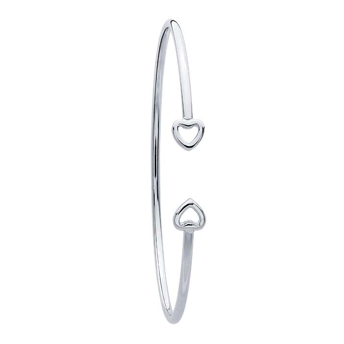 Sterling Silver 2mm Flex Tube Double-Heart Cuff Bracelet