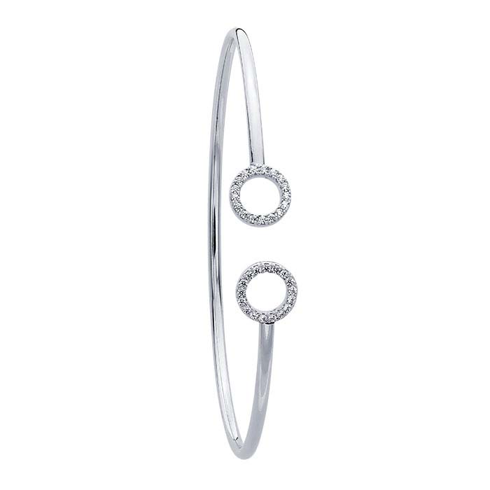 Sterling Silver 2mm Flex Tube CZ-Set Double-Circle Cuff Bracelet