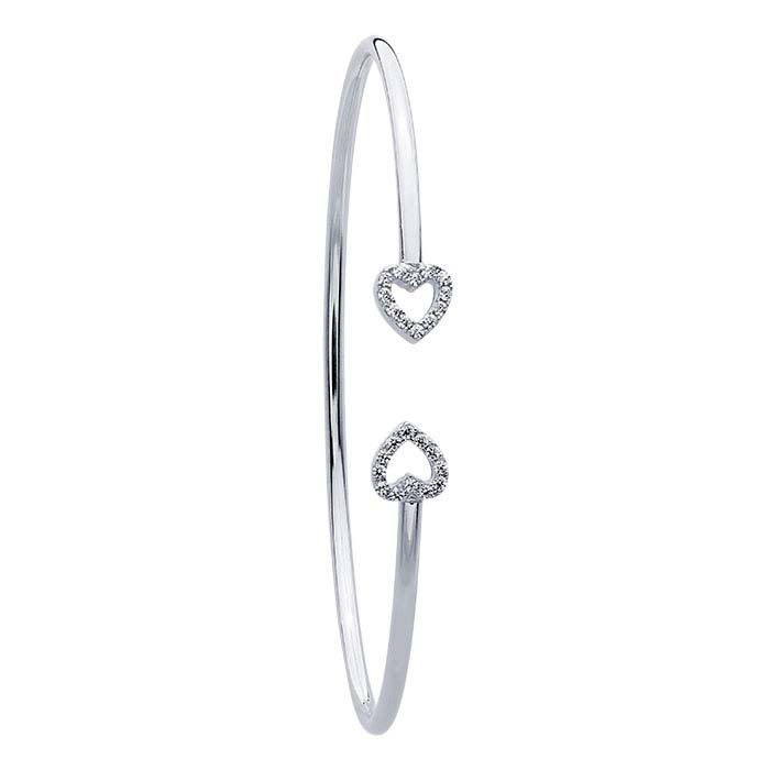 Sterling Silver 2mm Flex Tube CZ-Set Double-Heart Cuff Bracelet