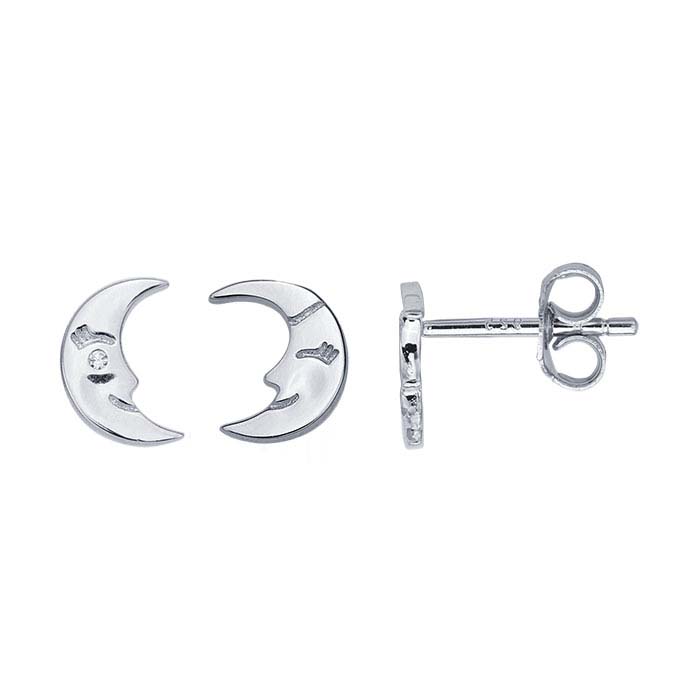 Sterling Silver Rhodium-Plated CZ-Set Moon Post Earrings