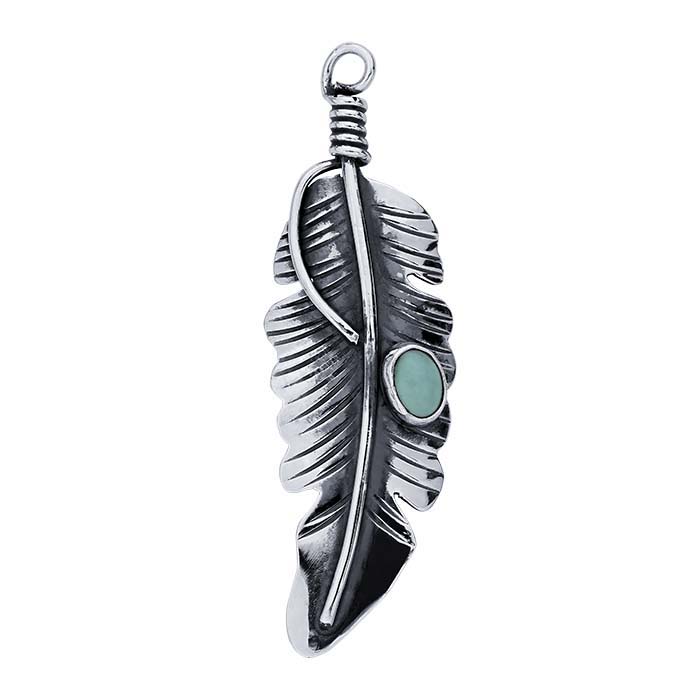 Sterling Silver Feather Pendant with Imitation Turquoise Cabochon