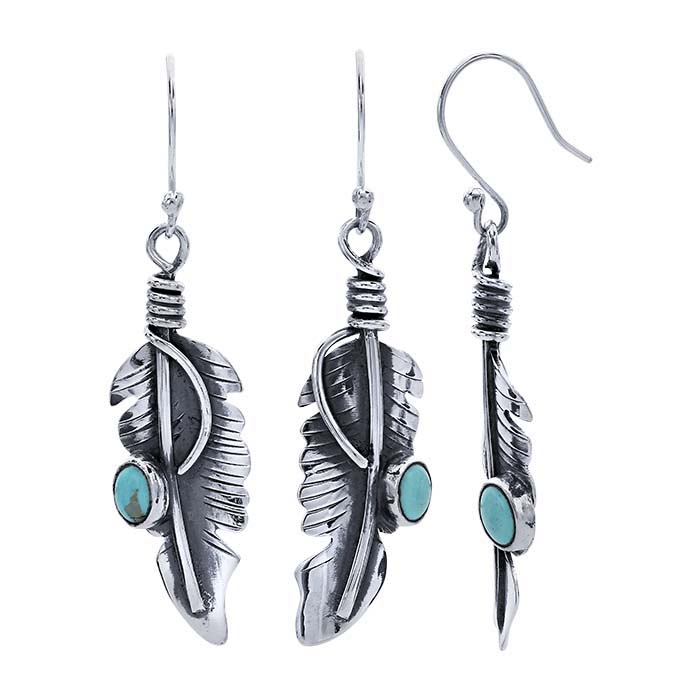 Sterling Silver Feather Earrings with Imitation Turquoise Cabochon