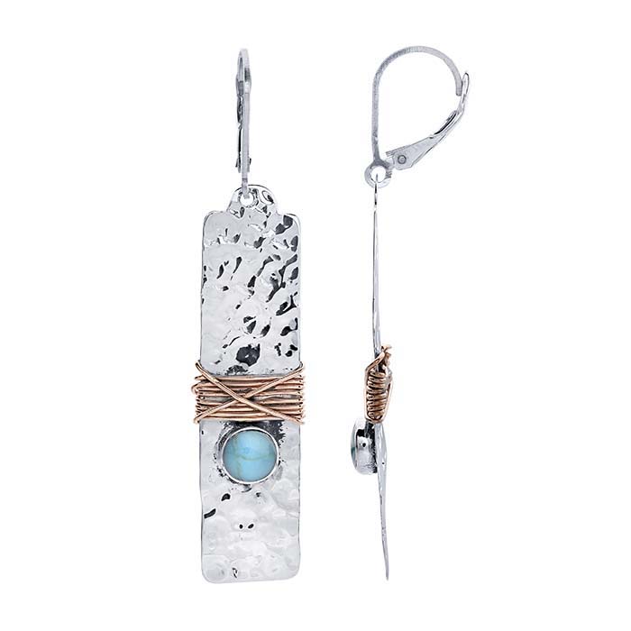 Sterling Silver Hammered Earrings with Imitation Turquoise Cabochon