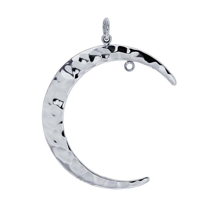 Sterling Silver Hammered Crescent Moon Pendant with Inner Ring