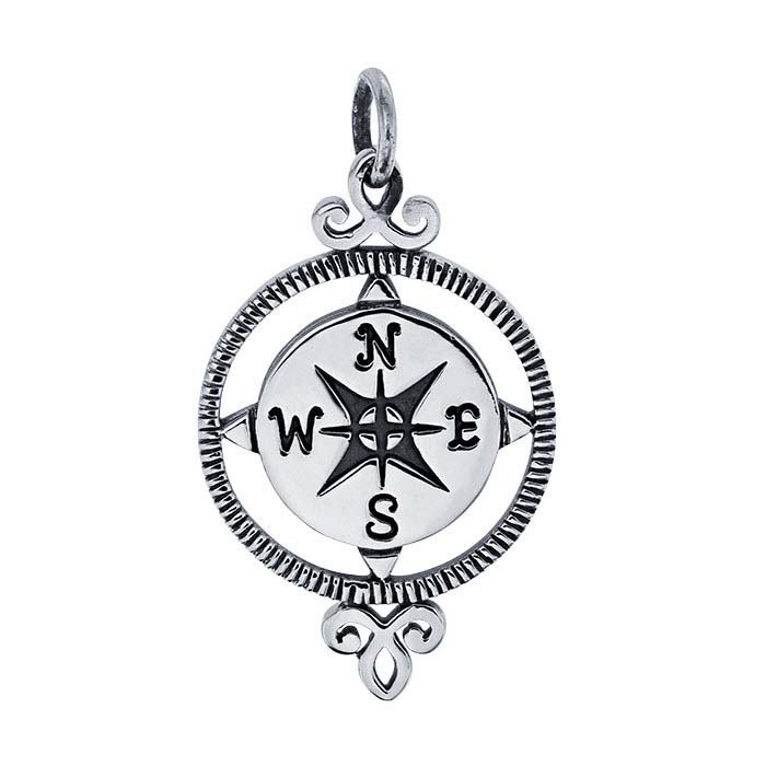 Sterling Silver Compass Rose Round Pendant