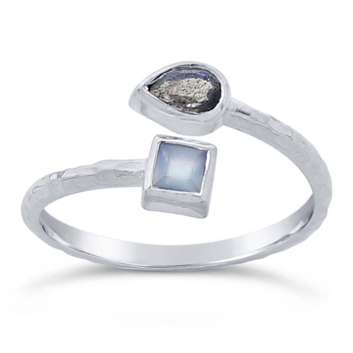 Sterling Silver Hammered Labradorite- & Aqua Chalcedony-Set Bypass Ring
