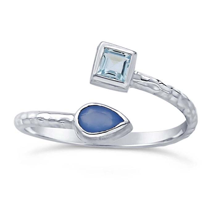 Sterling Silver Hammered Blue Topaz- & Blue Chalcedony-Set Bypass Ring