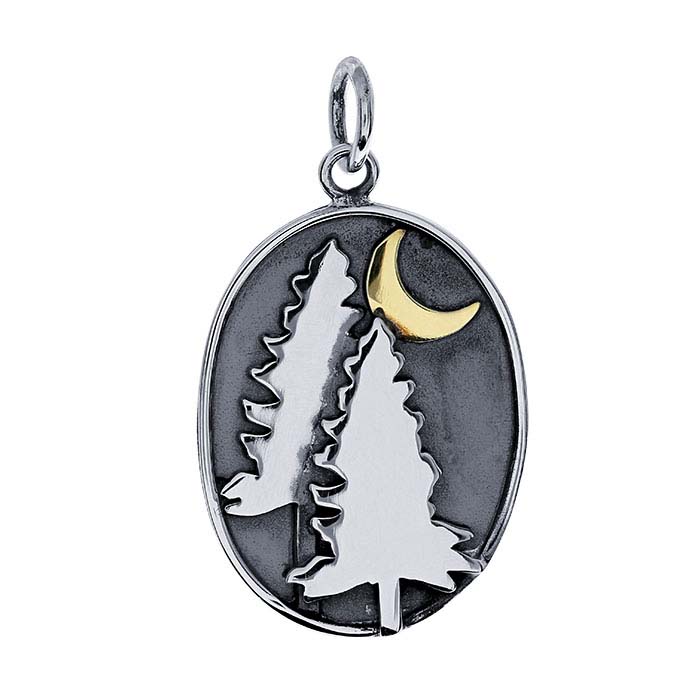 Sterling Silver Crescent Moon & Pine Trees Charm
