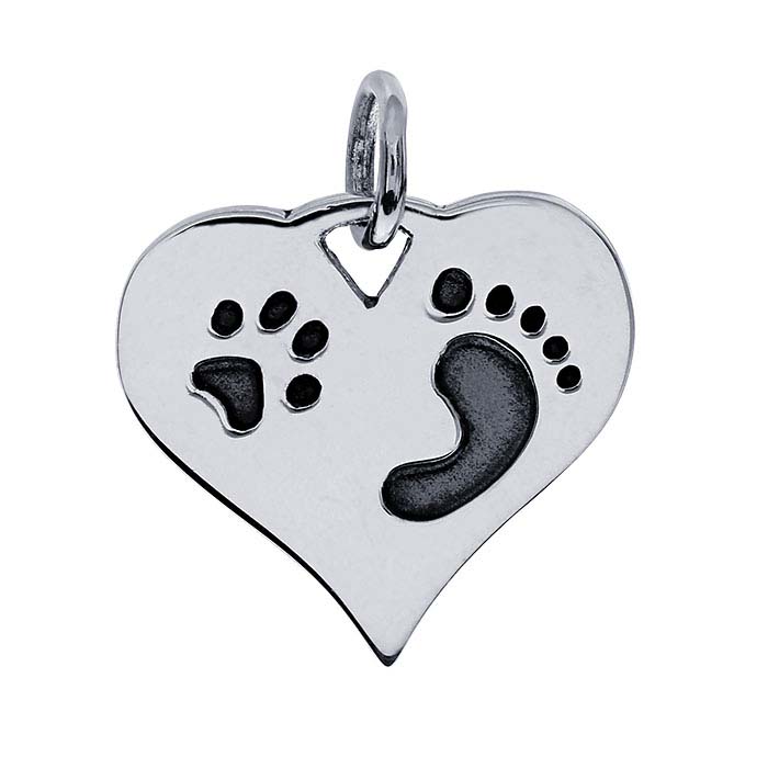 Sterling Silver Heart Charm with Paw Print & Footprint