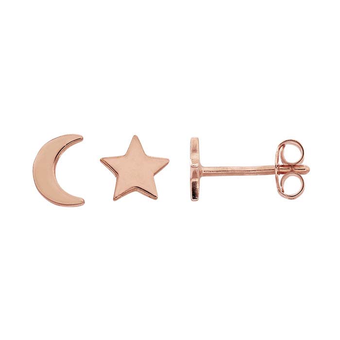 18K Heavy Rose Gold-Plated Sterling Silver Moon and Star Post Earrings