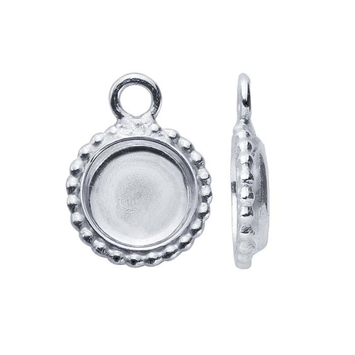 Sterling Silver Round Beaded-Edge Cabochon Pendant Mountings with Ring