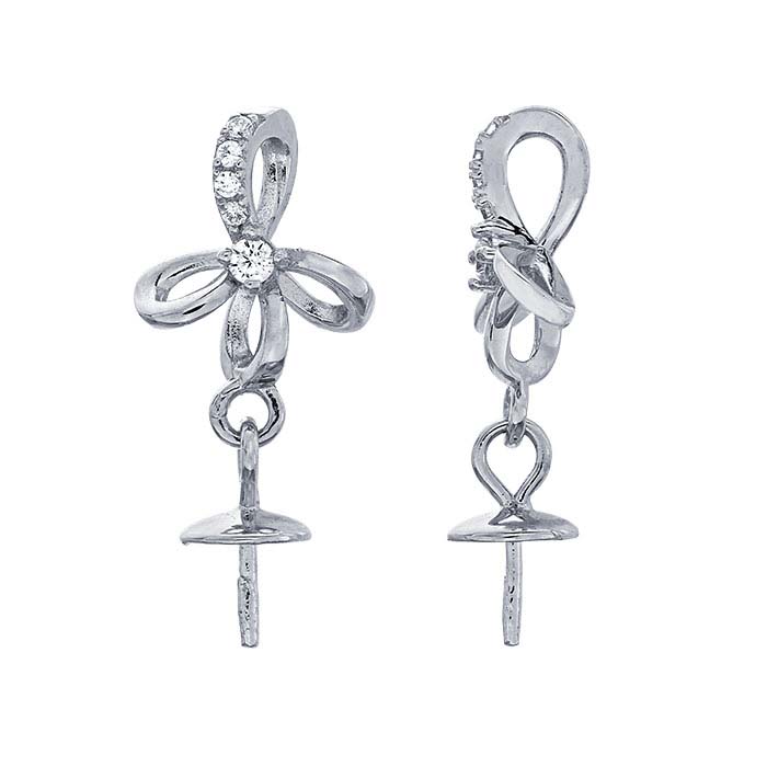 Sterling Silver Rhodium-Plated CZ-Set Ribbon Pendant with Pearl Mounting