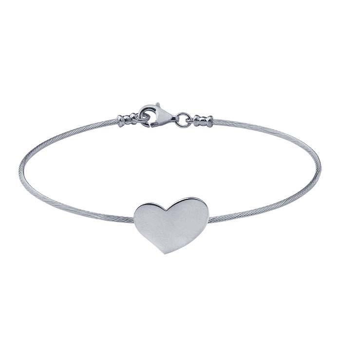 Sterling Silver Cable Wire Bracelet with Heart Plaque