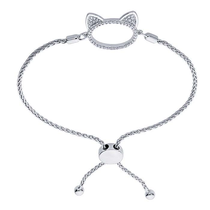 Sterling Silver CZ-Set Cat-Face Bracelet, Adjustable