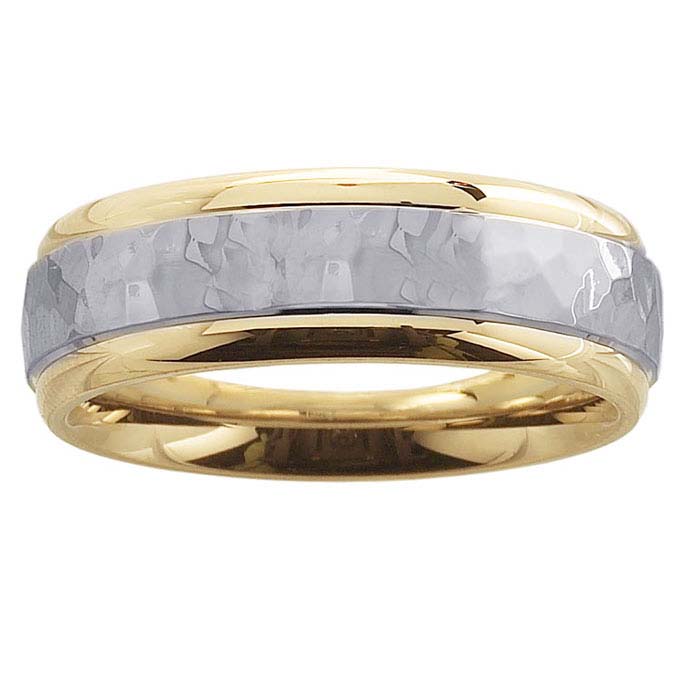 14K Yellow Gold 6mm Hammered Wedding Band with 14K White Gold Center
