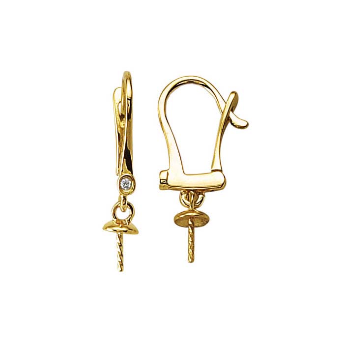 14K Yellow Gold Diamond-Set Lever-Back Pearl Ear Wire Mounting