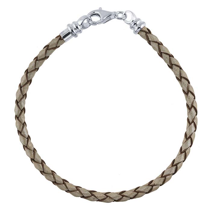 Pearl-Color Leather Braided Cord Bracelet with Sterling Silver Threaded End Cap