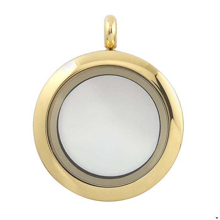 Stainless Steel Yellow-Finish Round Floating Glass Locket Pendant