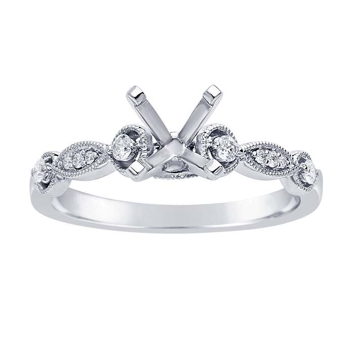 14K White Gold Art Deco 1-Ct. Round Semi-Mount Engagement Ring Mounting