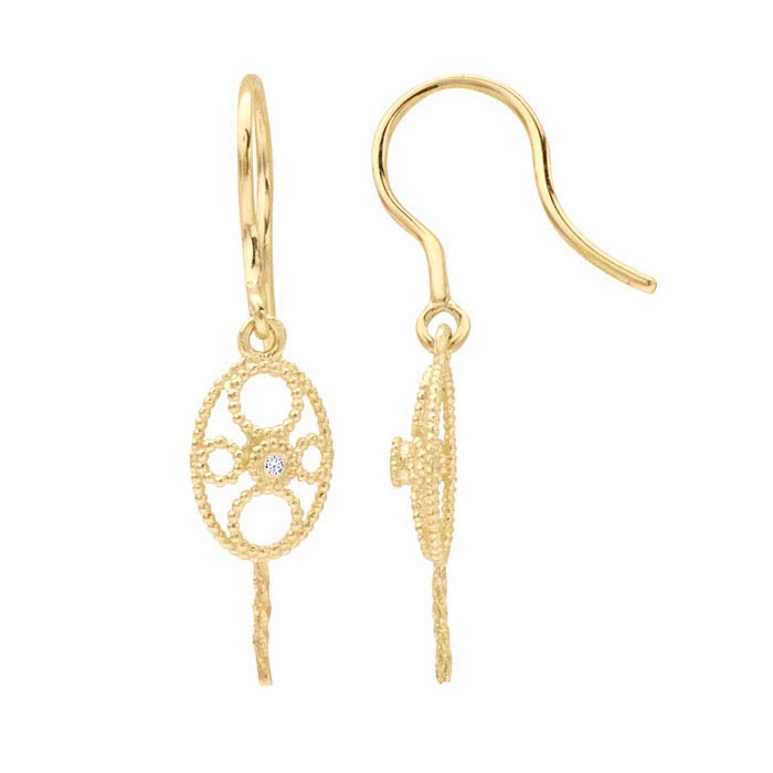 14K Yellow Gold Diamond-Set Oval Pearl Ear Wire Mounting