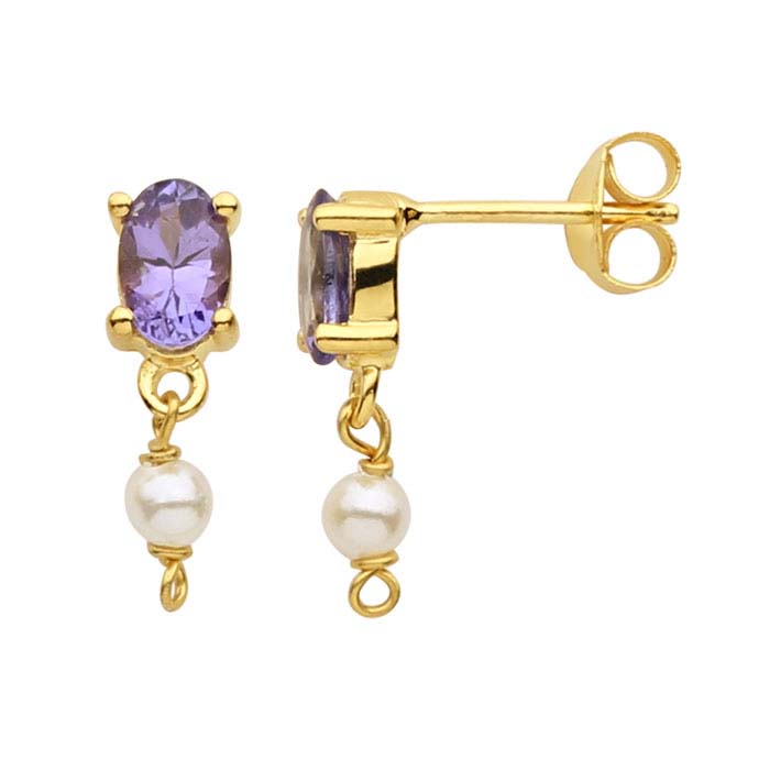 14K Yellow Gold Tanzanite-Set Post Earring with Pearl Drop