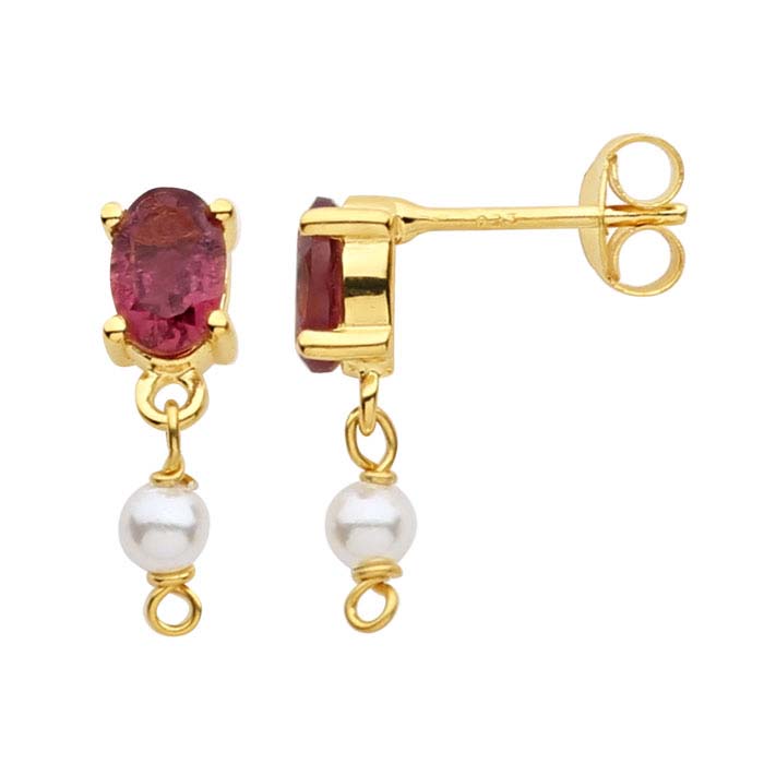 14K Yellow Gold Pink Tourmaline-Set Post Earring with Pearl Drop