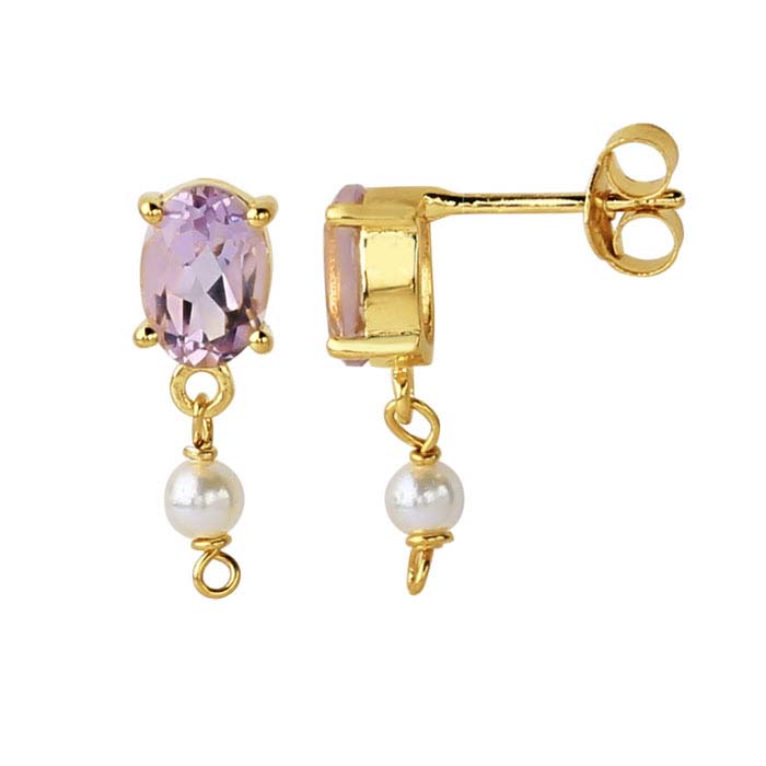 14K Yellow Gold Pink Amethyst-Set Post Earring with Pearl Drop