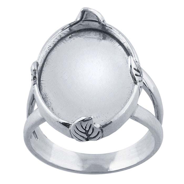Sterling Silver Leaf Accent 18 x 13mm Oval Ring Mountings
