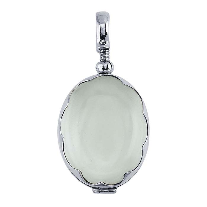 Sterling Silver Scalloped Oval Antique Glass Locket Pendant
