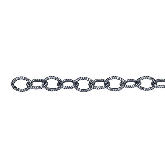 Sterling Silver Oxidized 4.1mm Patterned Oval Cable Chain, By the Foot