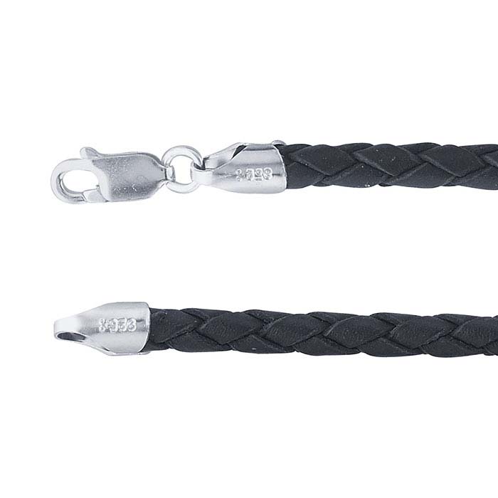 Black Leather 4mm Braided Cord Necklace with RhodiumPlated Sterling