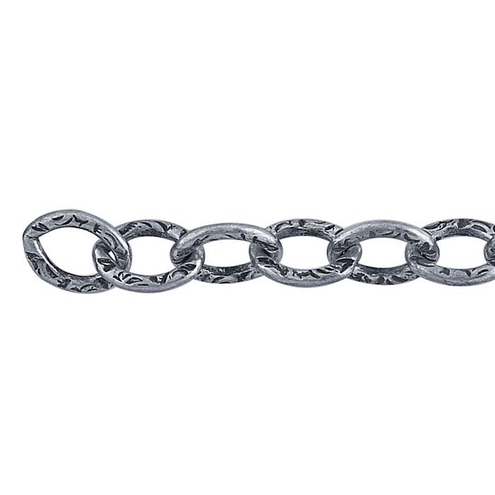 Sterling Silver Oxidized Patterned Flat Oval Cable Chains, By the Foot