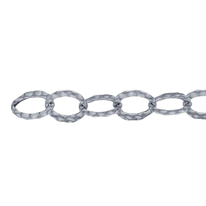 Sterling Silver Oxidized 10.2mm Hammered Flat Oval Cable Chain, By the Foot