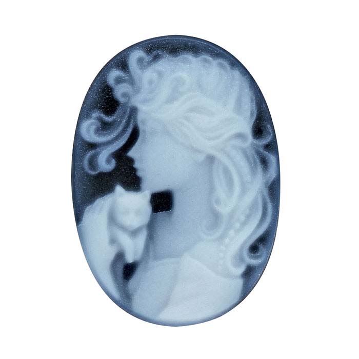 Black Agate 18 x 13mm Oval Lady and Kitten Cameo