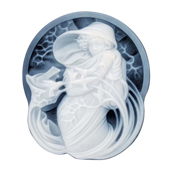 Alphonse Mucha Black Agate 43 x 36mm "February" Signature Cameo
