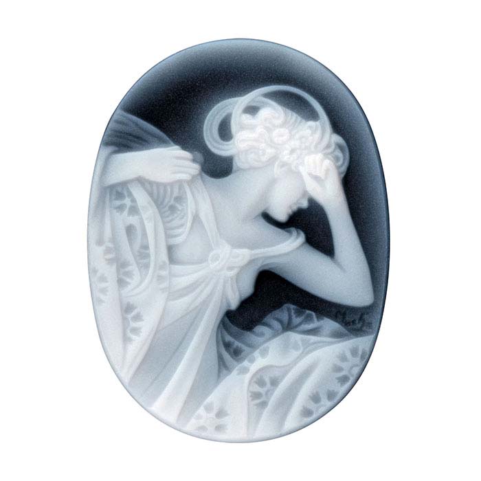 Alphonse Mucha Black Agate 40 x 30mm "Evening Star" Signature Cameo