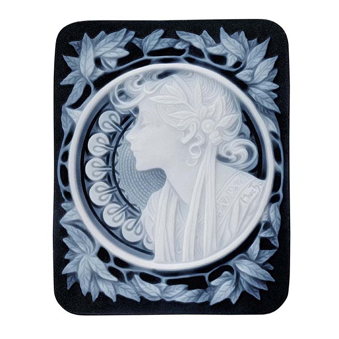 Alphonse Mucha Black Agate 50 x 40mm "Laurel" Signature Cameo