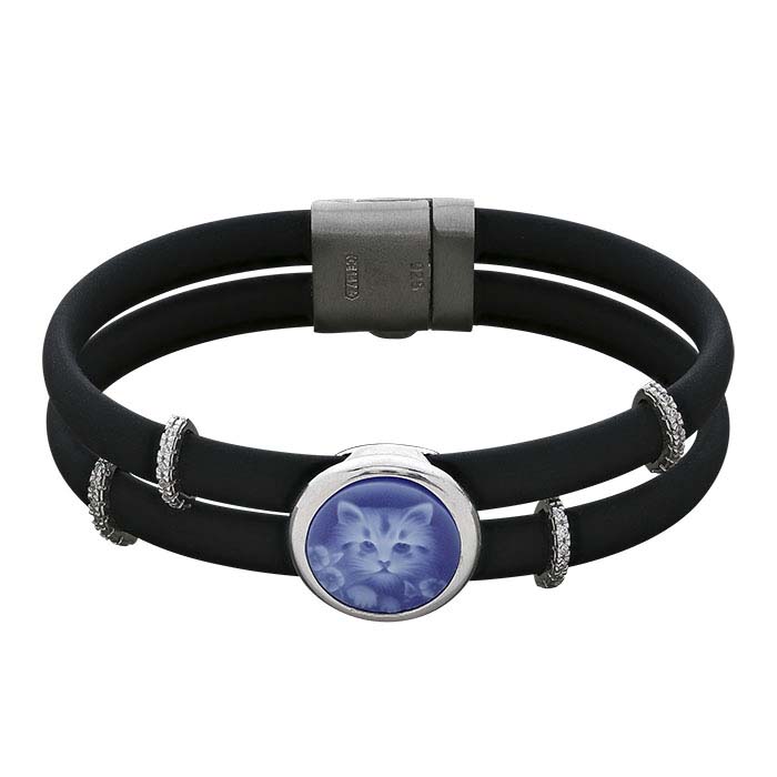 Black Rubber Cord Bracelet with Kitten Cameo