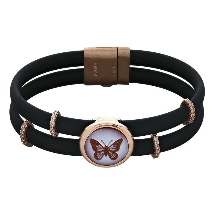Black Rubber Cord Bracelet with Butterfly Cameo
