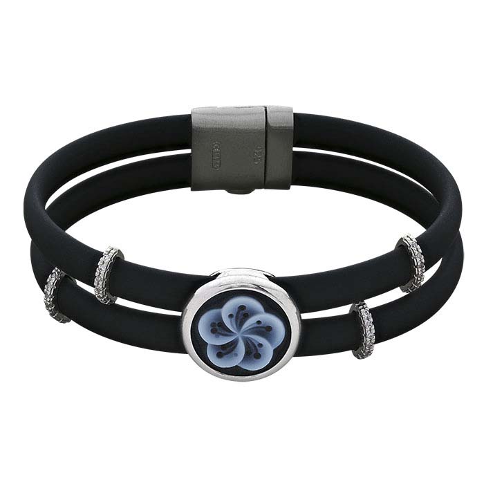 Black Rubber Cord Bracelet with Flower Cameo