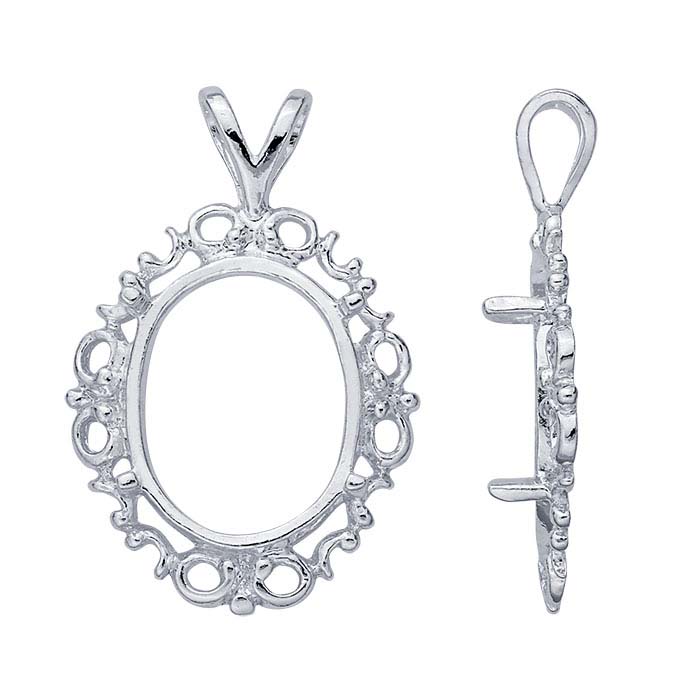 Sterling Silver 18 x 13mm Oval Filigree Cameo or Cabochon Pendant Mounting
